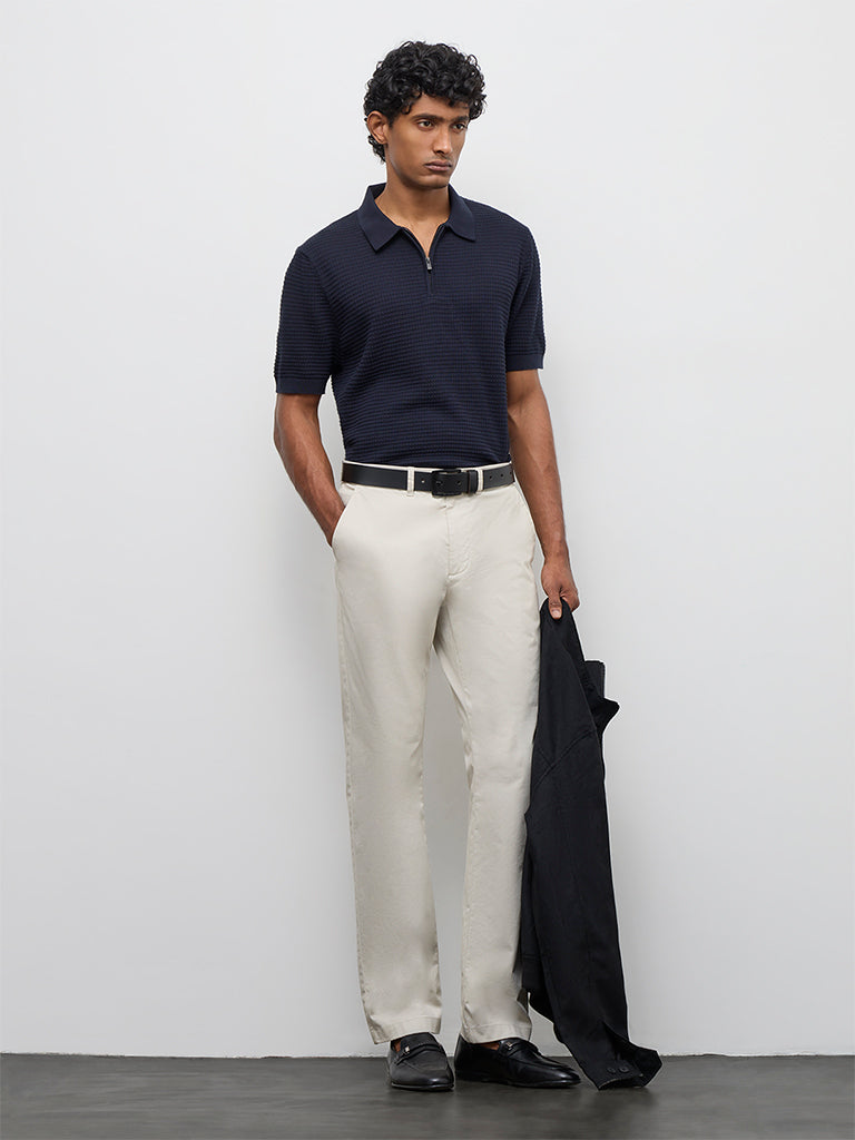 Ascot Navy Knit-Textured Relaxed-Fit Cotton T-Shirt