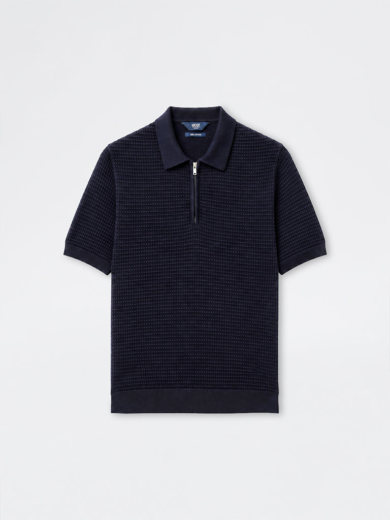 Ascot Navy Knit-Textured Relaxed-Fit Cotton T-Shirt