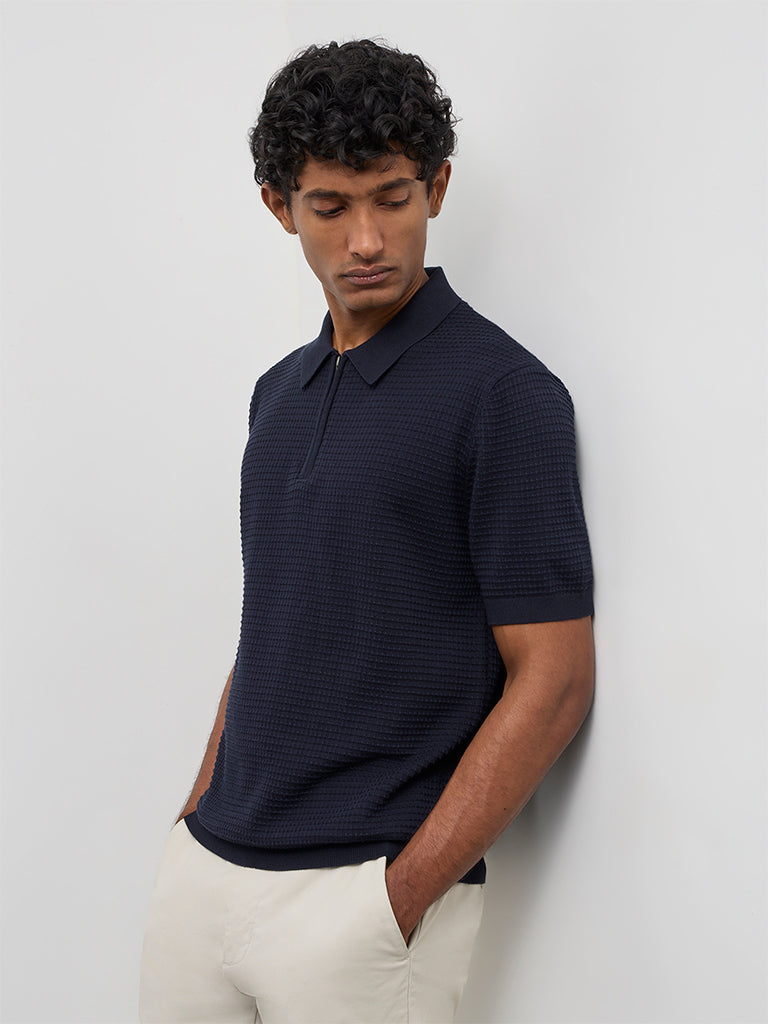 Ascot Navy Knit-Textured Relaxed-Fit Cotton T-Shirt