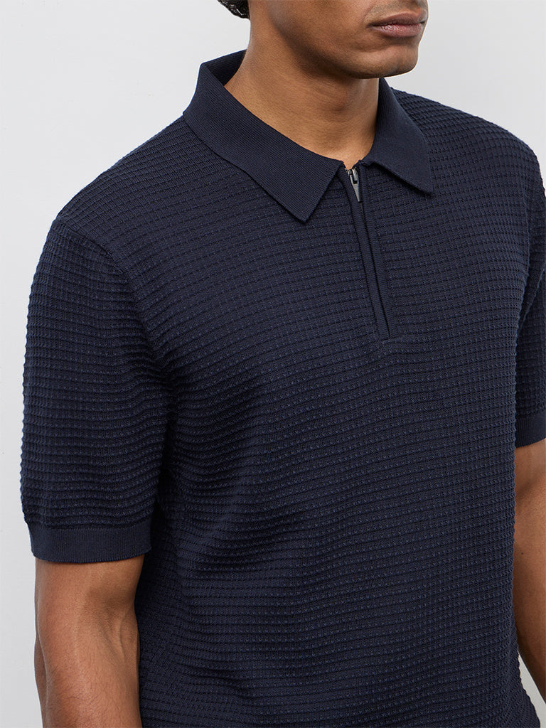 Ascot Navy Knit-Textured Relaxed-Fit Cotton T-Shirt
