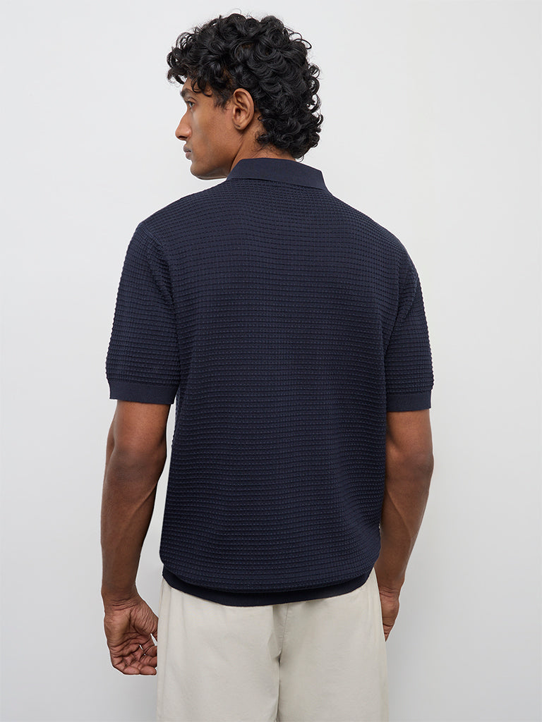 Ascot Navy Knit-Textured Relaxed-Fit Cotton T-Shirt