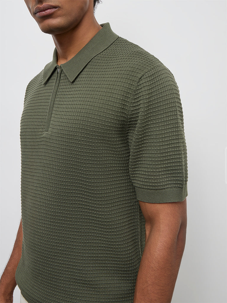 Ascot Olive Knit-Textured Relaxed-Fit Cotton T-Shirt