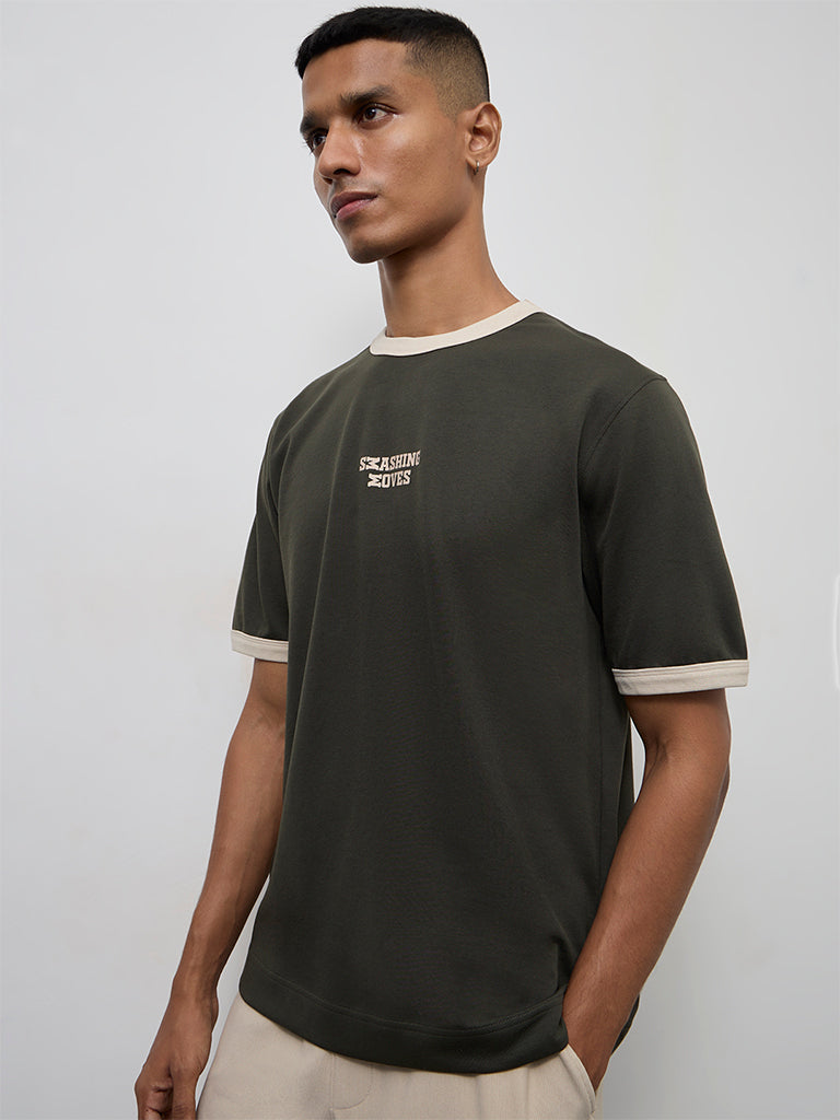 Nuoflexx Olive Text Printed Relaxed-Fit Cotton-Blend T-Shirt