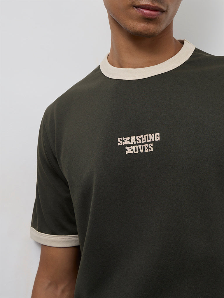 Nuoflexx Olive Text Printed Relaxed-Fit Cotton-Blend T-Shirt