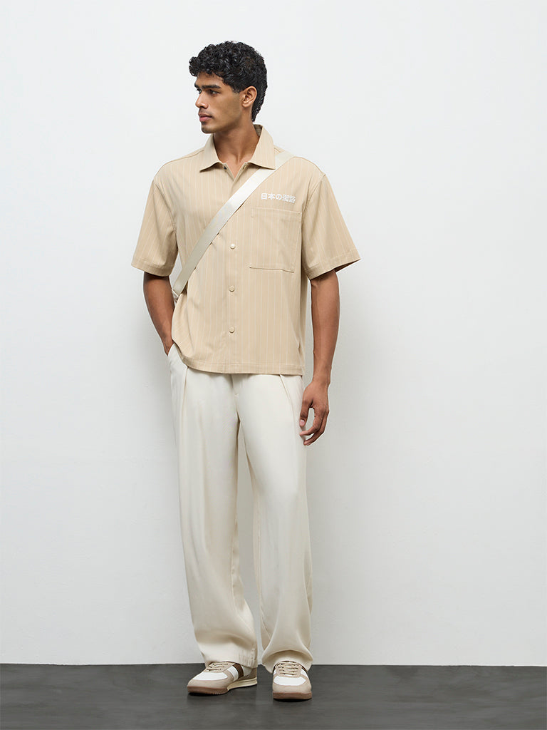 Nuon Light Beige Striped Relaxed-Fit Shirt