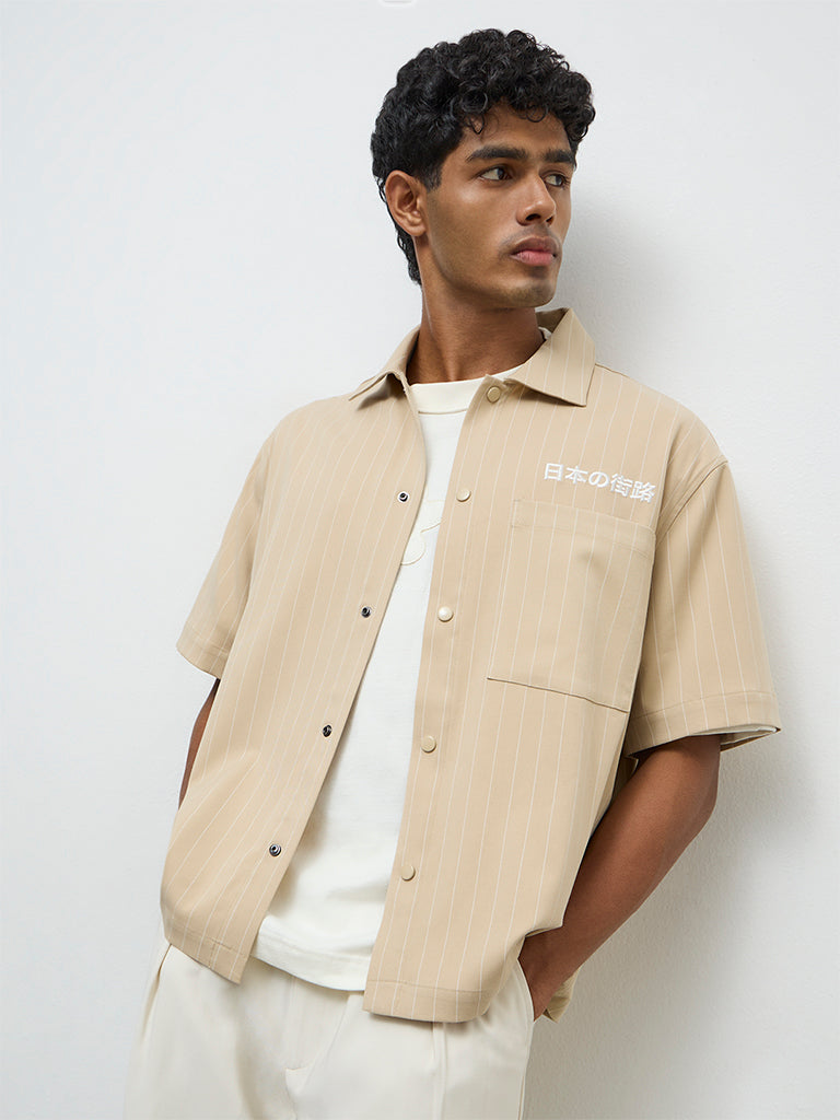 Nuon Light Beige Striped Relaxed-Fit Shirt