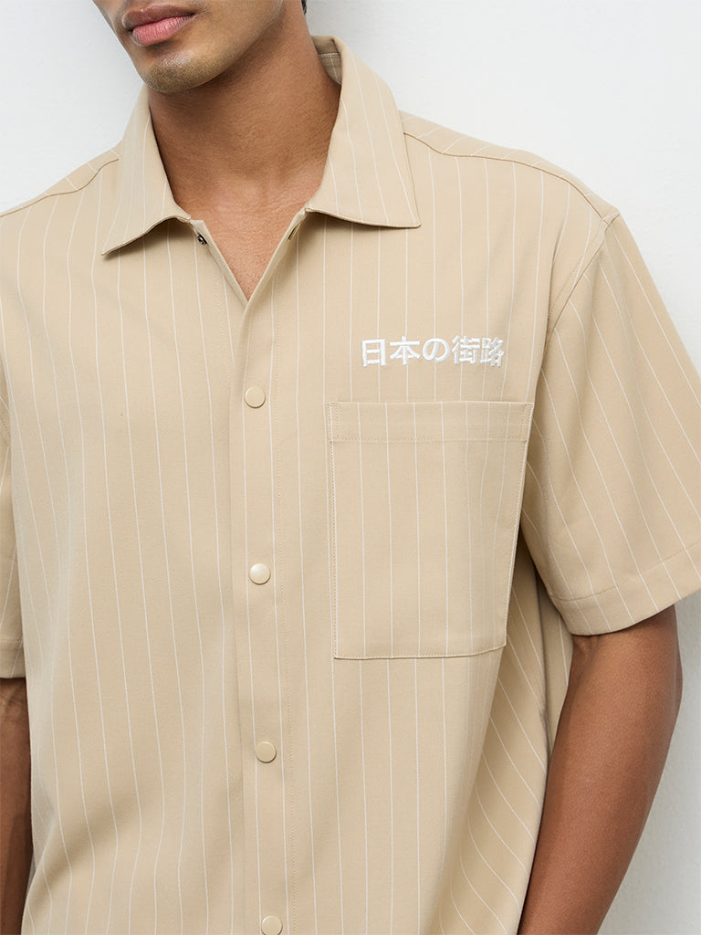 Nuon Light Beige Striped Relaxed-Fit Shirt