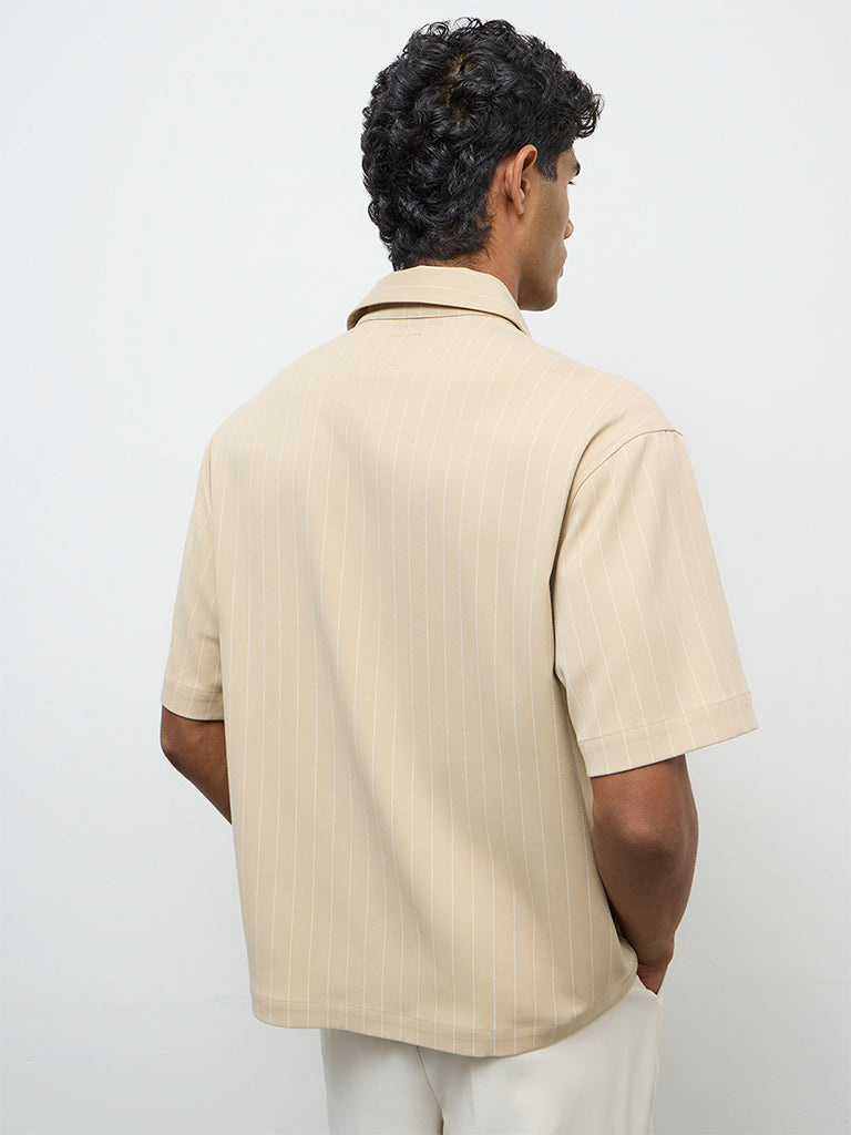 Nuon Light Beige Striped Relaxed-Fit Shirt