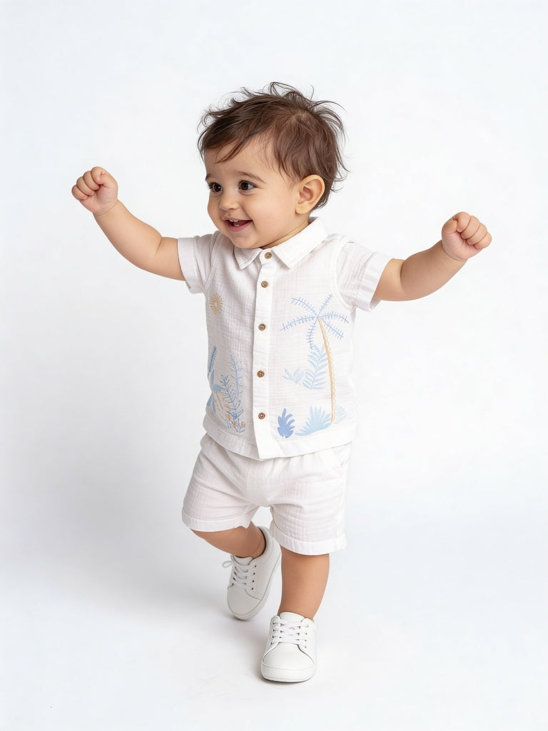 HOP Baby Boys White Embroidered Cotton Shirt and Shorts Set