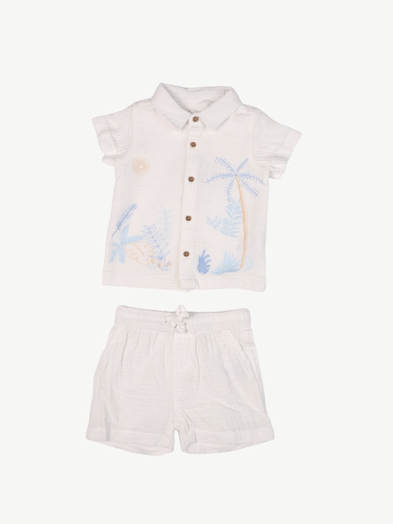 HOP Baby Boys White Embroidered Cotton Shirt and Shorts Set