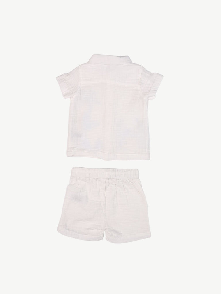 HOP Baby Boys White Embroidered Cotton Shirt and Shorts Set