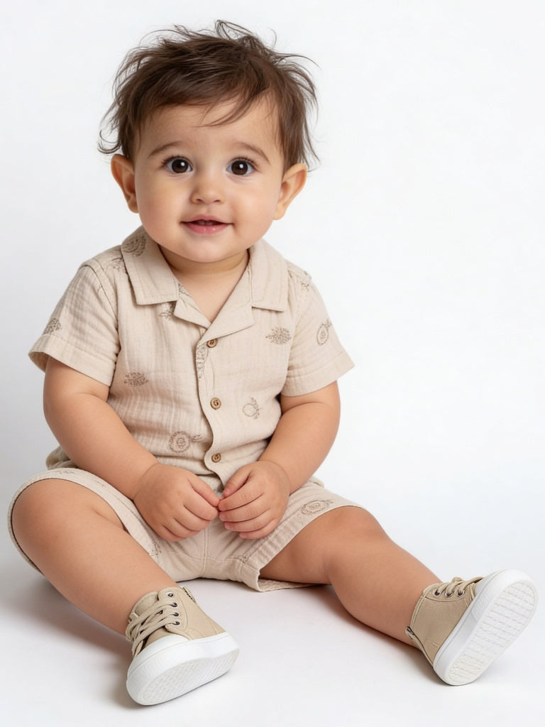 HOP Baby Boys Taupe Fruit Printed Cotton Shirt and Shorts Set