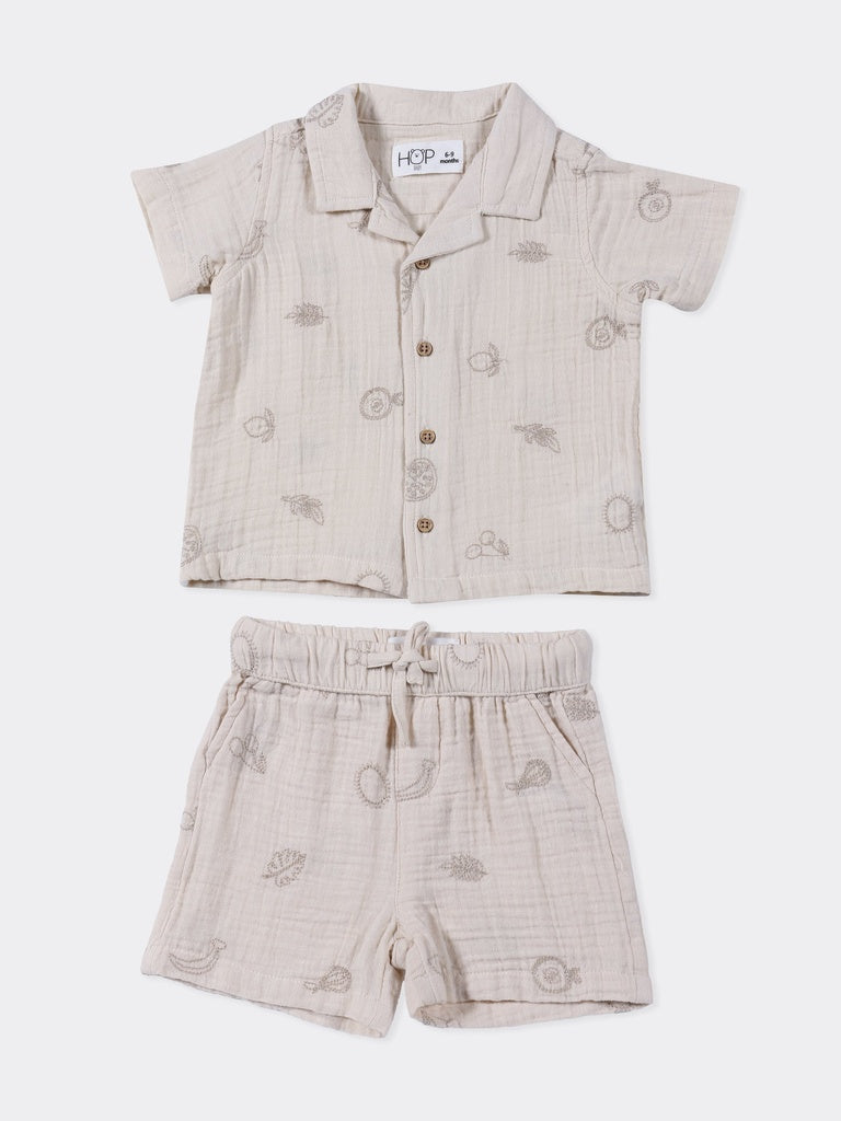HOP Baby Boys Taupe Fruit Printed Cotton Shirt and Shorts Set