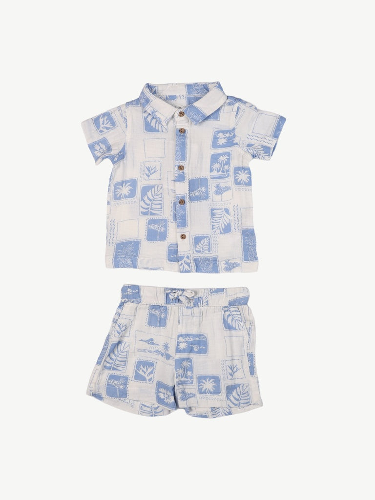 HOP Baby Boys Blue Printed Cotton Shirt and Shorts Set