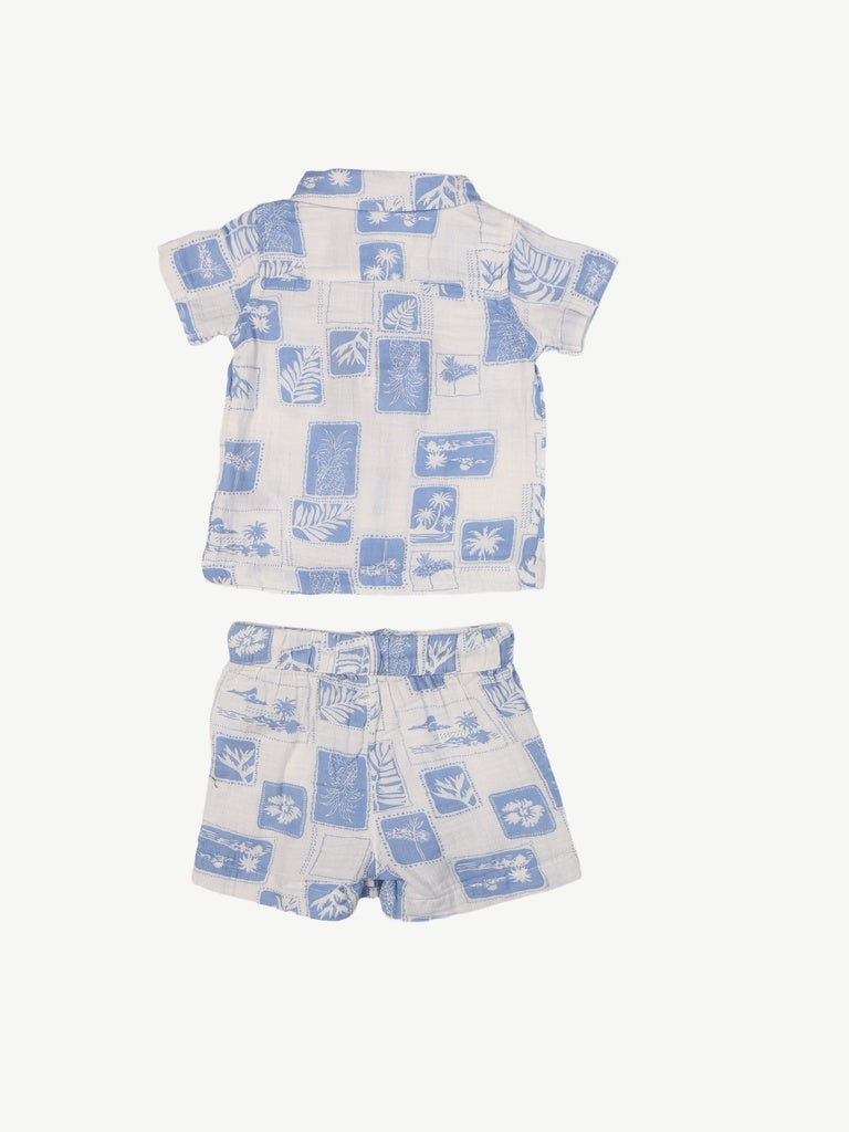 HOP Baby Boys Blue Printed Cotton Shirt and Shorts Set
