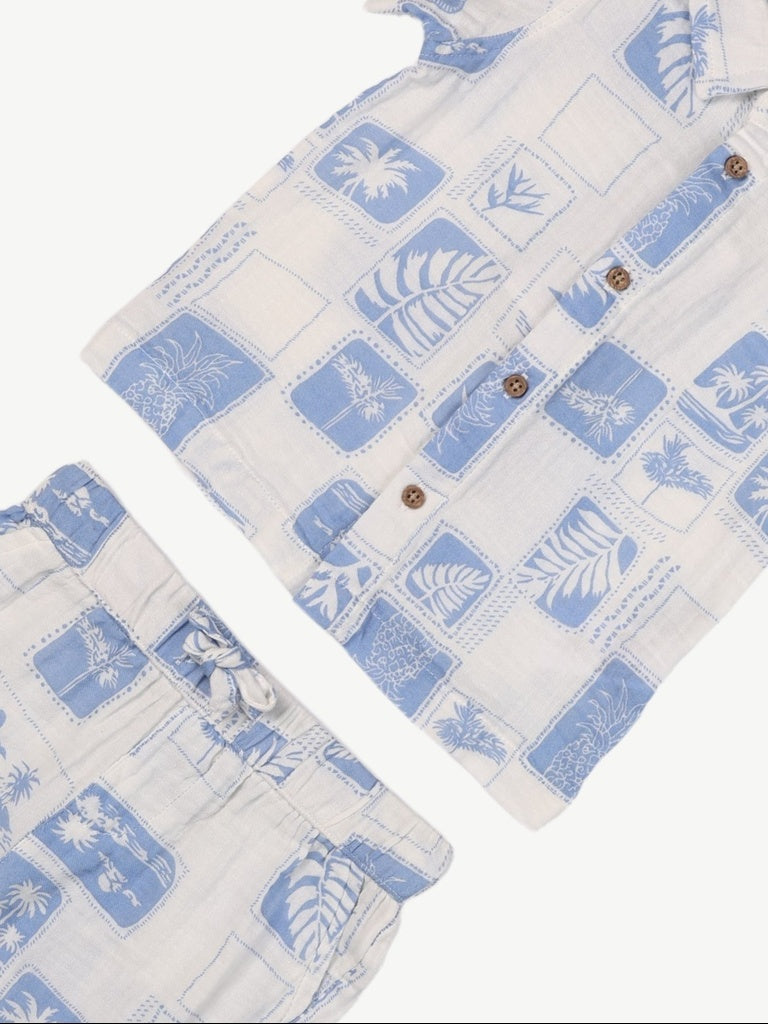 HOP Baby Boys Blue Printed Cotton Shirt and Shorts Set