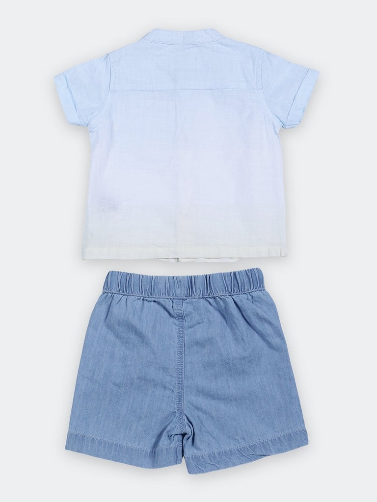 HOP Baby Boys Blue Ombre Cotton Shirt and Shorts Set