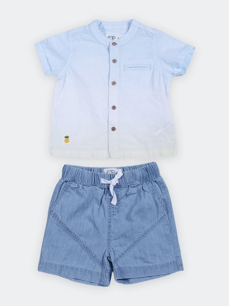 HOP Baby Boys Blue Ombre Cotton Shirt and Shorts Set