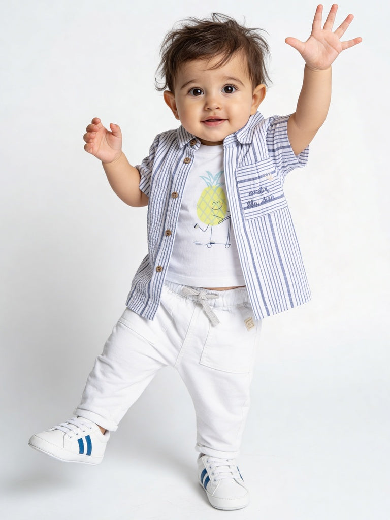 HOP Baby Boys White Striped Cotton Shirt