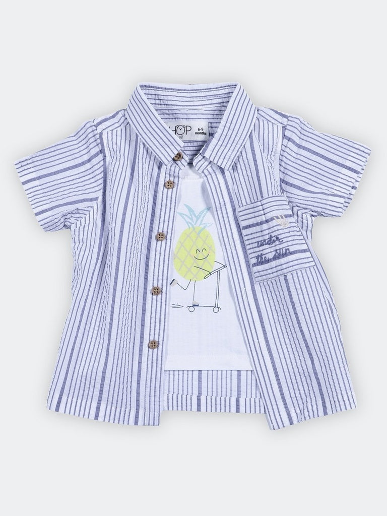 HOP Baby Boys White Striped Cotton Shirt