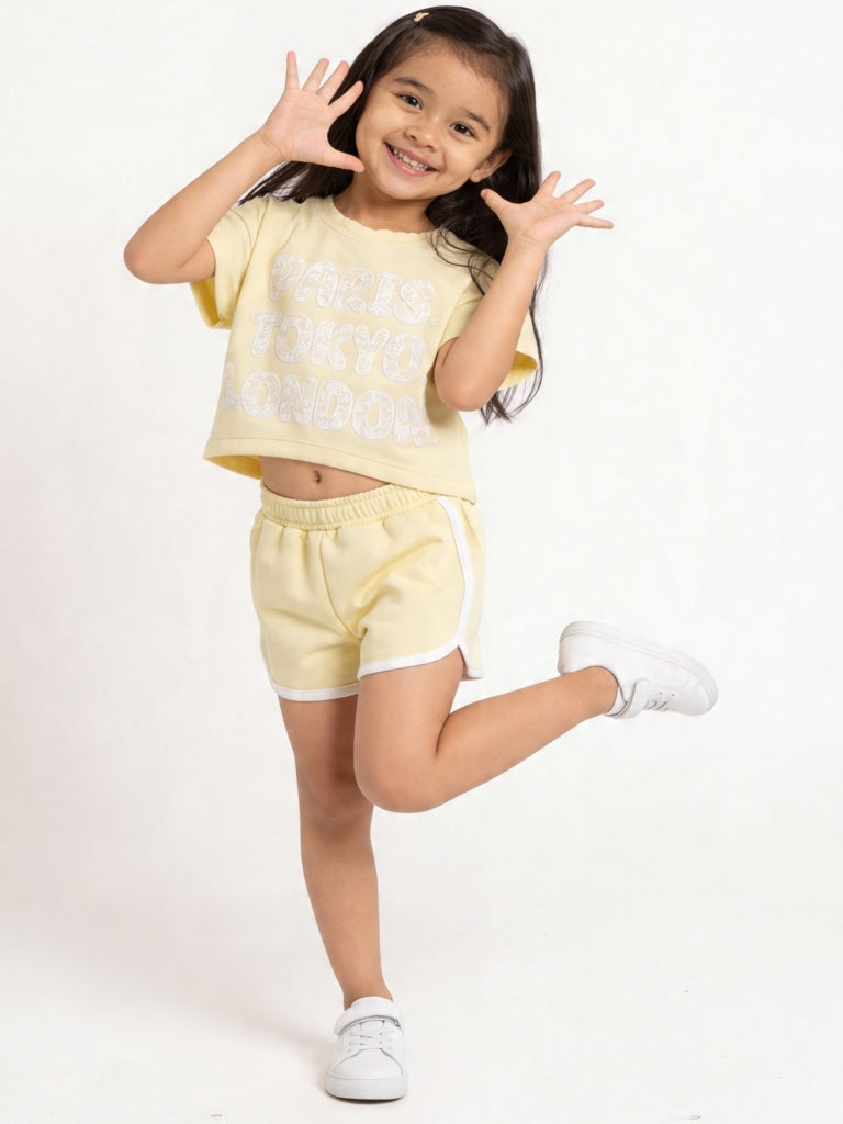 HOP Kids Girls Butter Yellow Graphic Print T-Shirt and Shorts Set