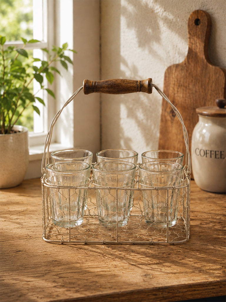 Westside Home Beige Wired Chai Caddy with Glasses - Set of 6
