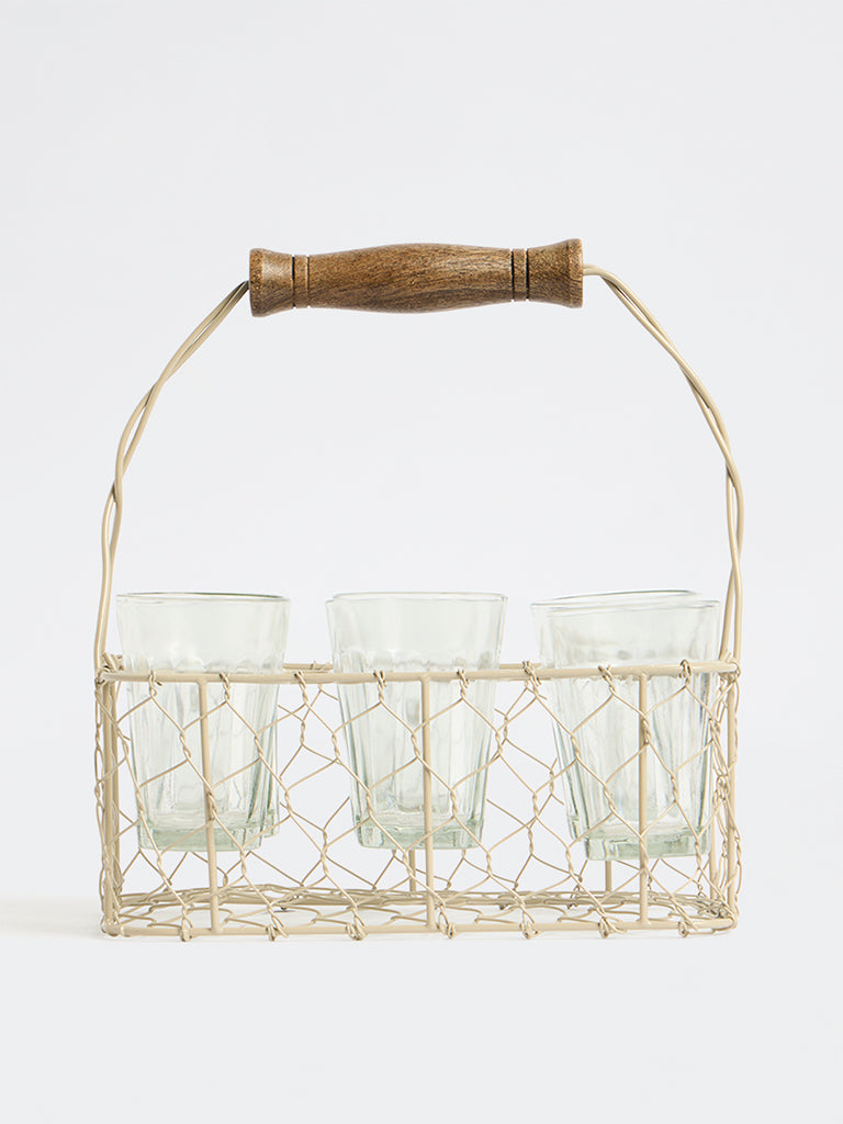 Westside Home Beige Wired Chai Caddy with Glasses - Set of 6