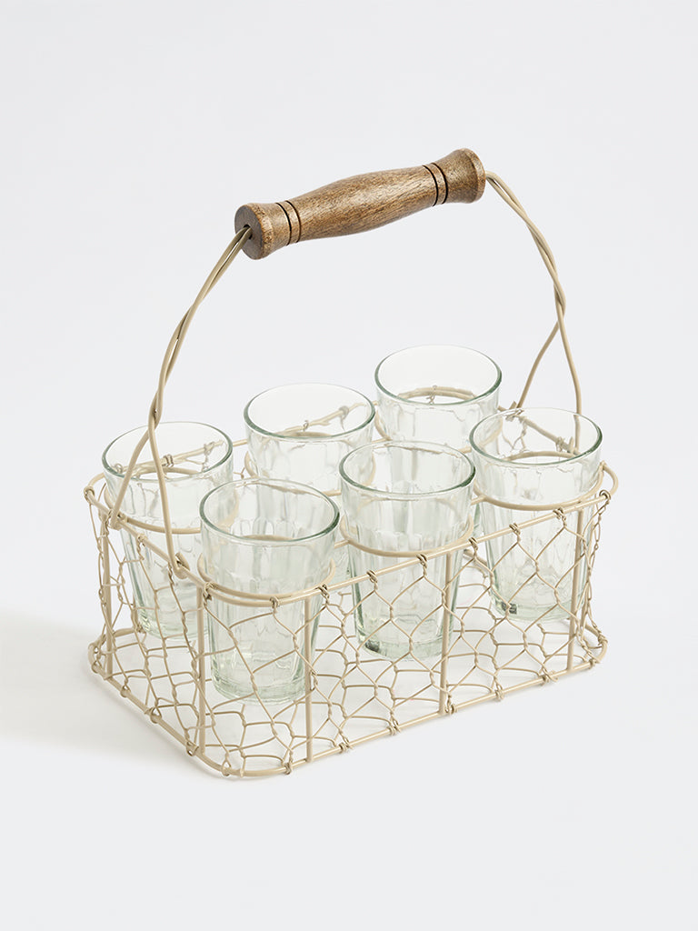 Westside Home Beige Wired Chai Caddy with Glasses - Set of 6