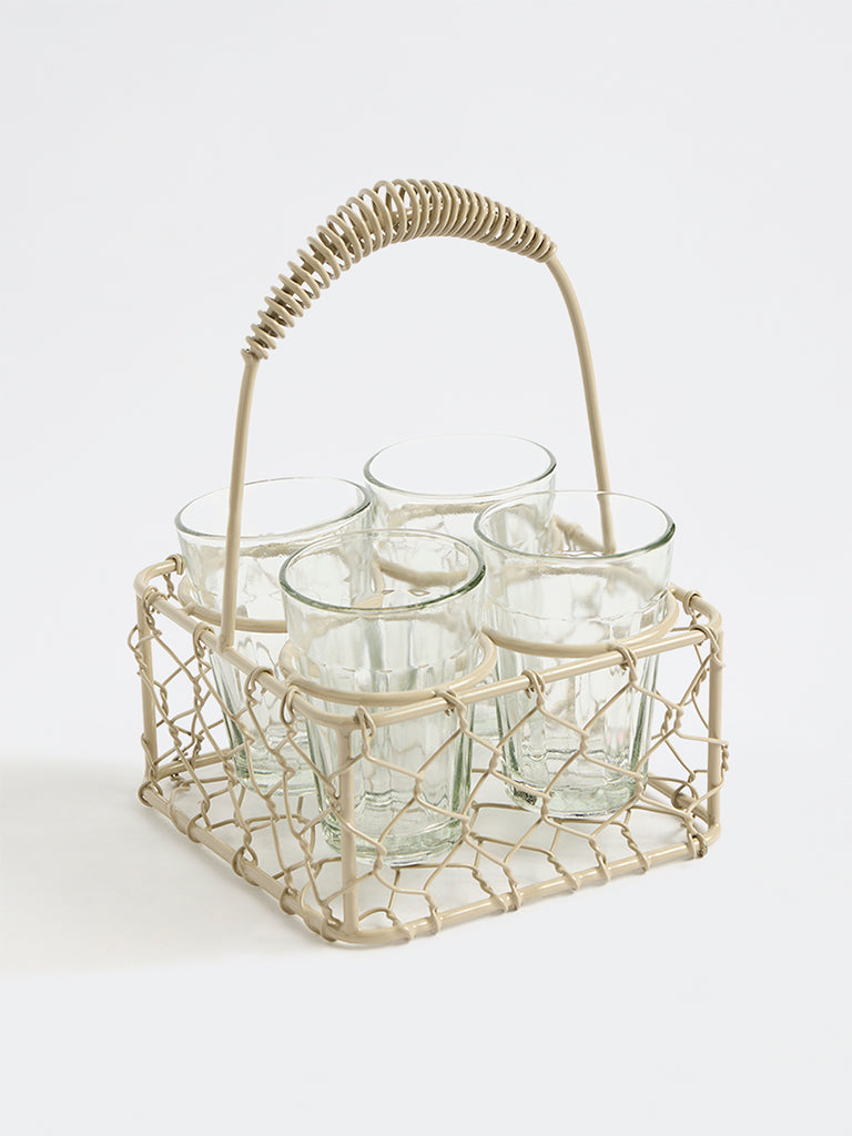 Westside Home Beige Wired Chai Caddy with Glasses - Set of 4