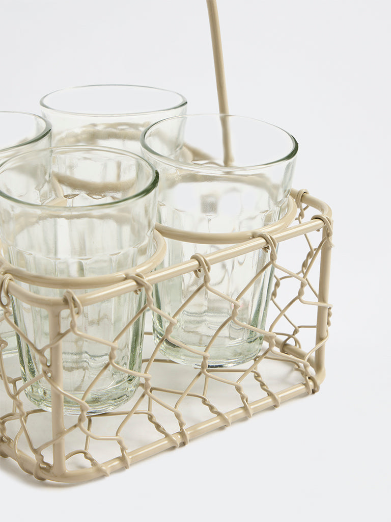 Westside Home Beige Wired Chai Caddy with Glasses - Set of 4