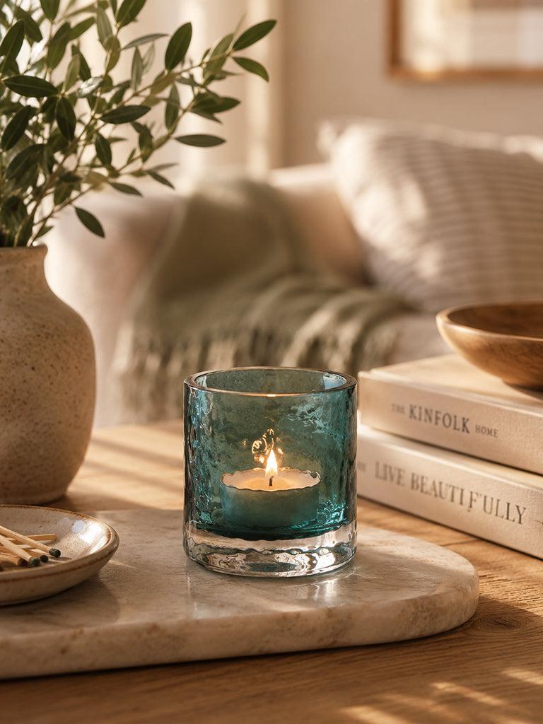 Westside Home Teal Hammered Glass Votive Candle Holder