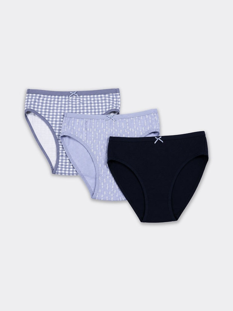 Wunderlove Blue Printed Hi-Leg Cotton-Blend Briefs - Pack of 3