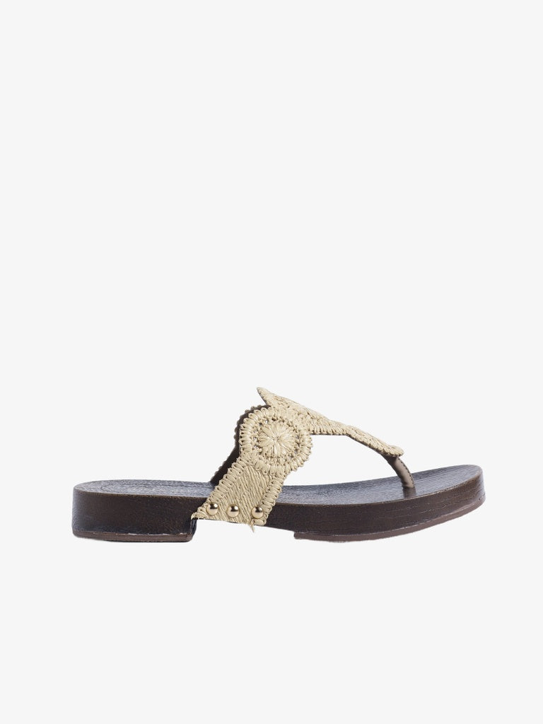 LUNA BLU Raffia Beige Textured Thong-Strap Sandals