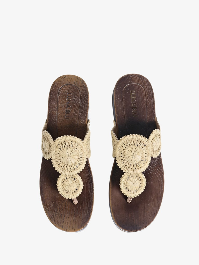 LUNA BLU Raffia Beige Textured Thong-Strap Sandals