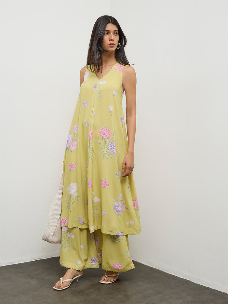 Utsa Lime Floral Design A-Line Kurta