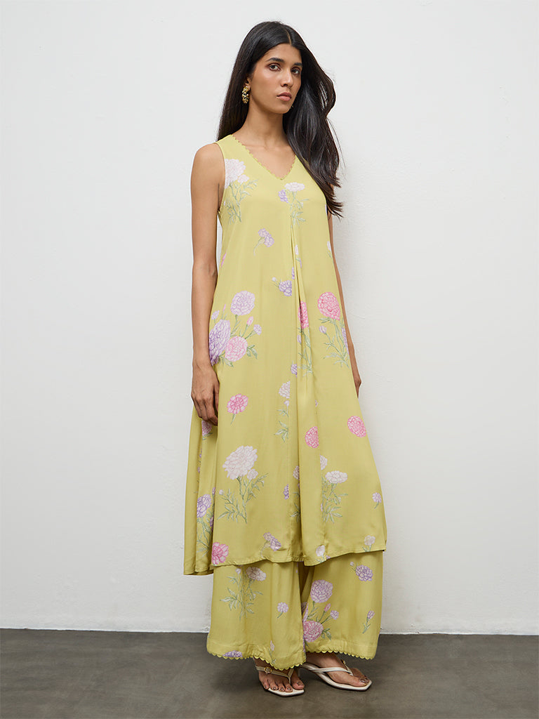Utsa Lime Floral Design A-Line Kurta