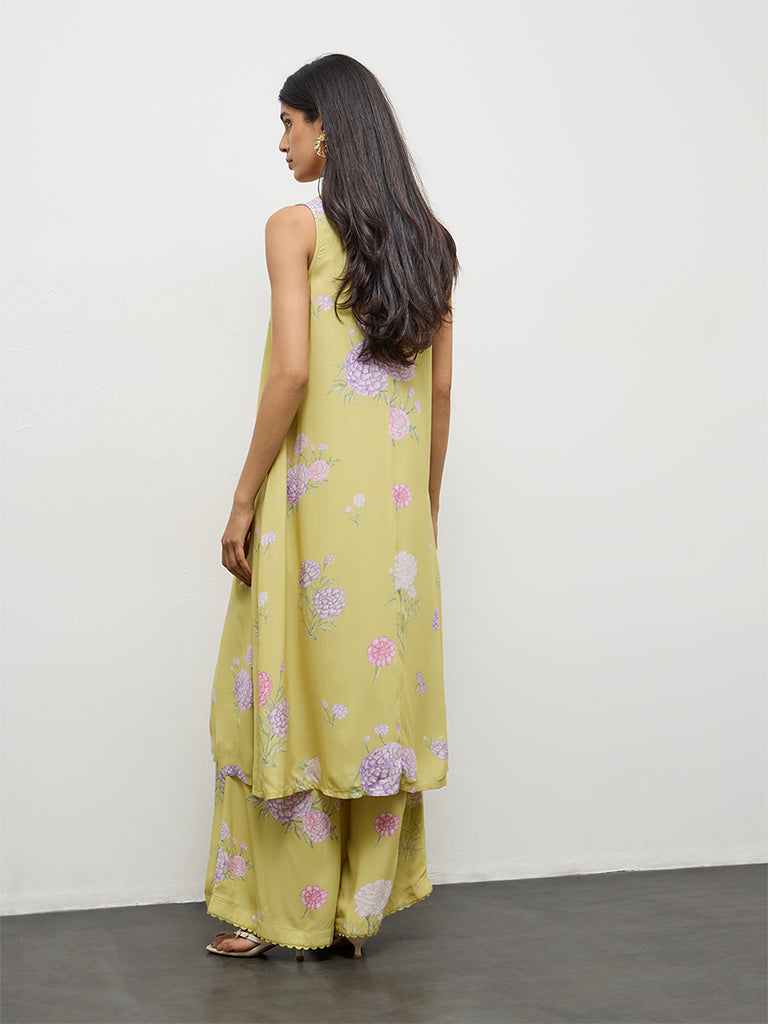 Utsa Lime Floral Design A-Line Kurta
