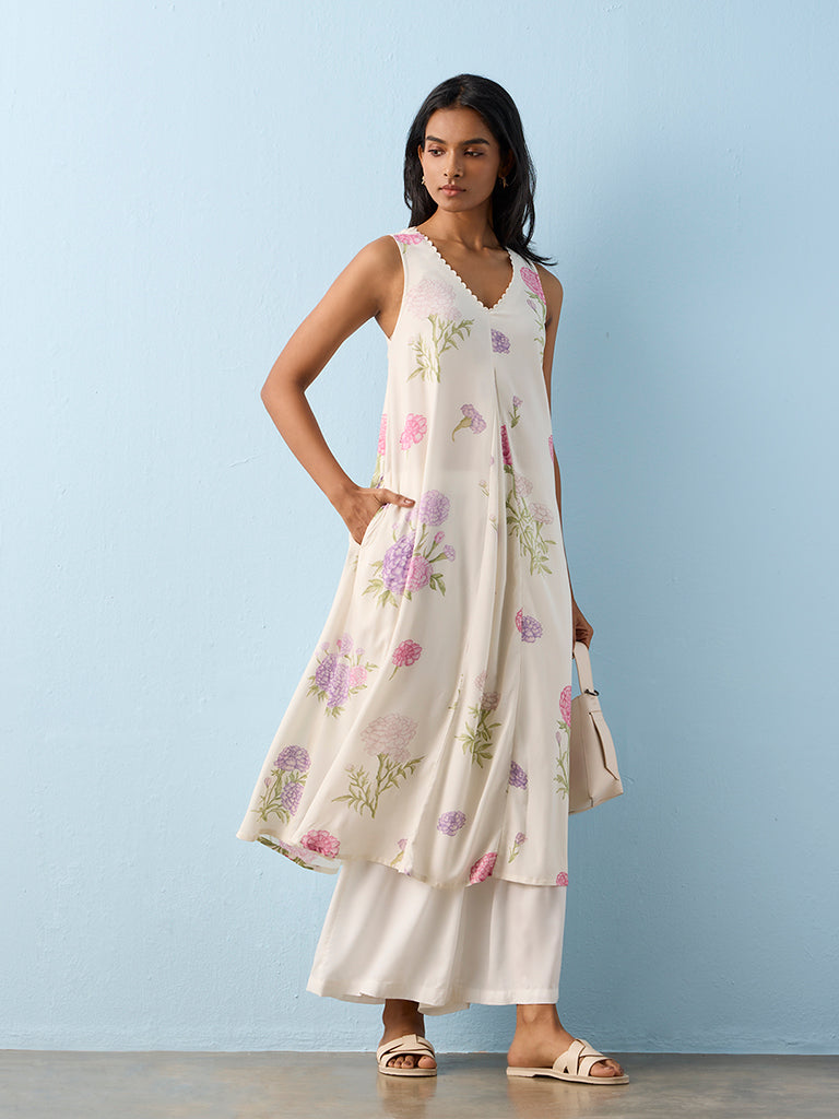 Utsa White Floral Printed A-Line Kurta