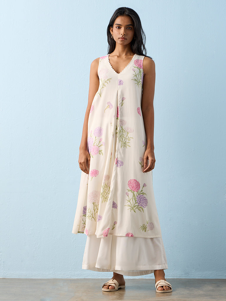 Utsa White Floral Printed A-Line Kurta