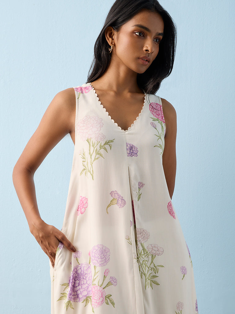 Utsa White Floral Printed A-Line Kurta
