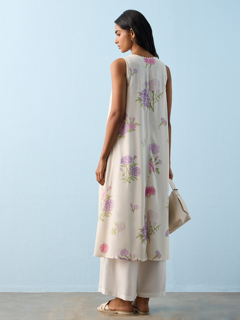 Utsa White Floral Printed A-Line Kurta