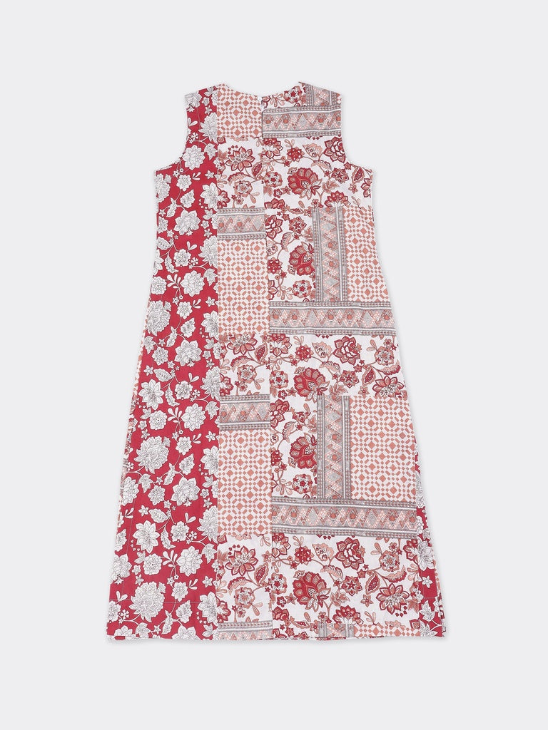 Utsa Red Printed Cotton-Blend A-Line Kurta