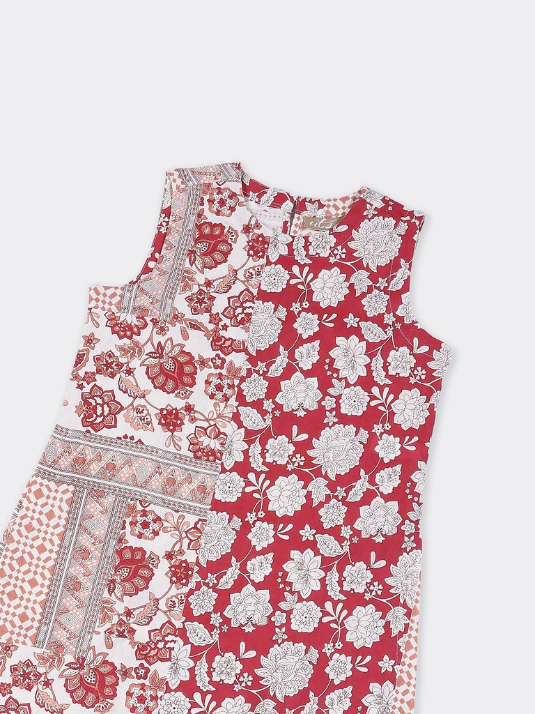 Utsa Red Printed Cotton-Blend A-Line Kurta