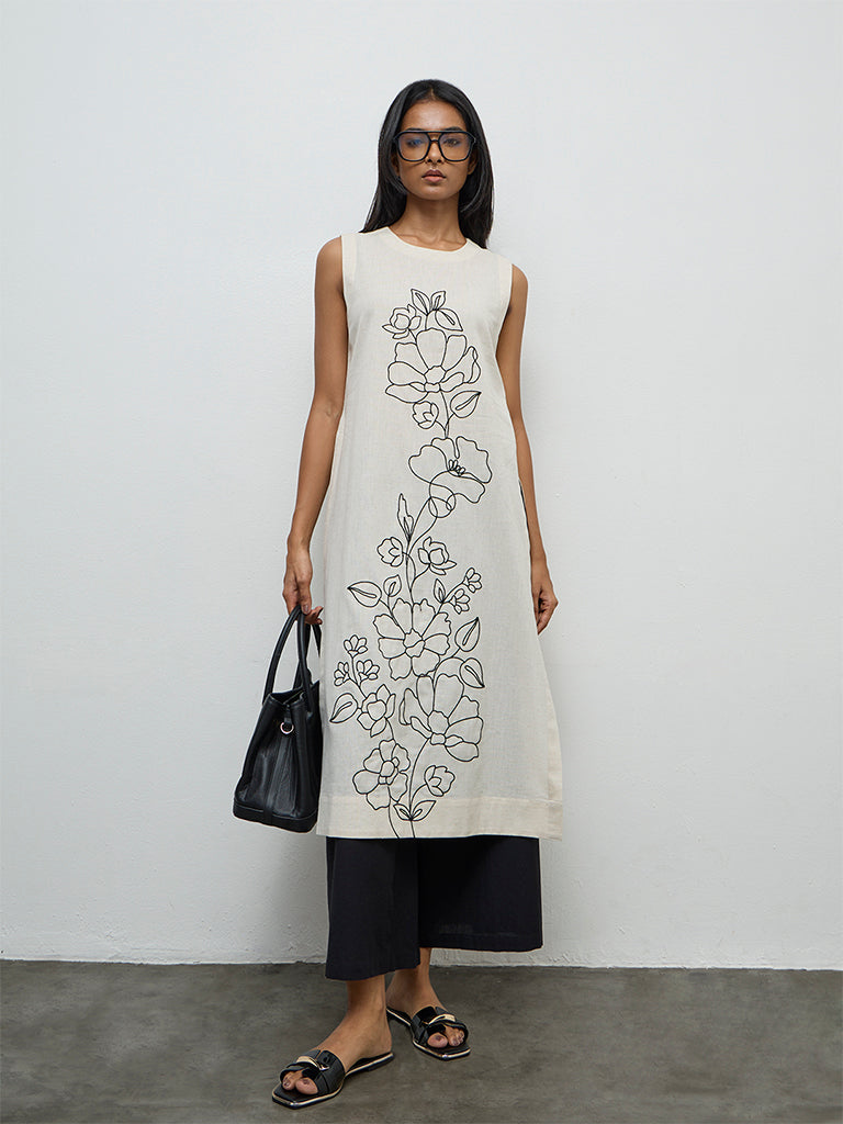 Utsa Off-White Floral Embroidered Cotton-Blend A-Line Kurta