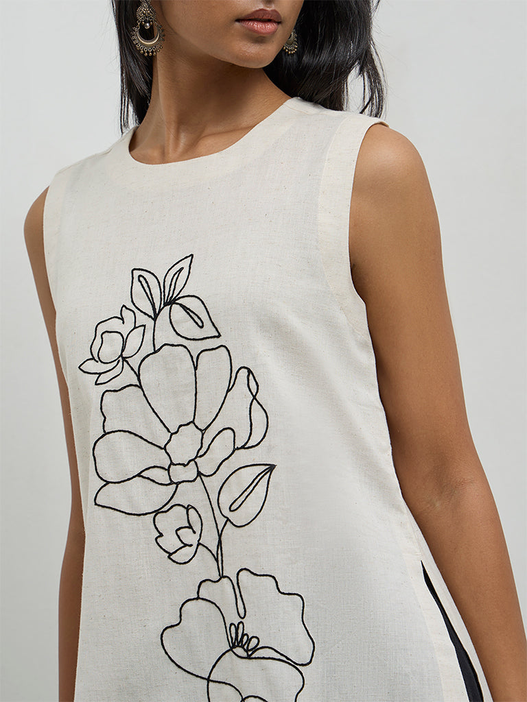 Utsa Off-White Floral Embroidered Cotton-Blend A-Line Kurta