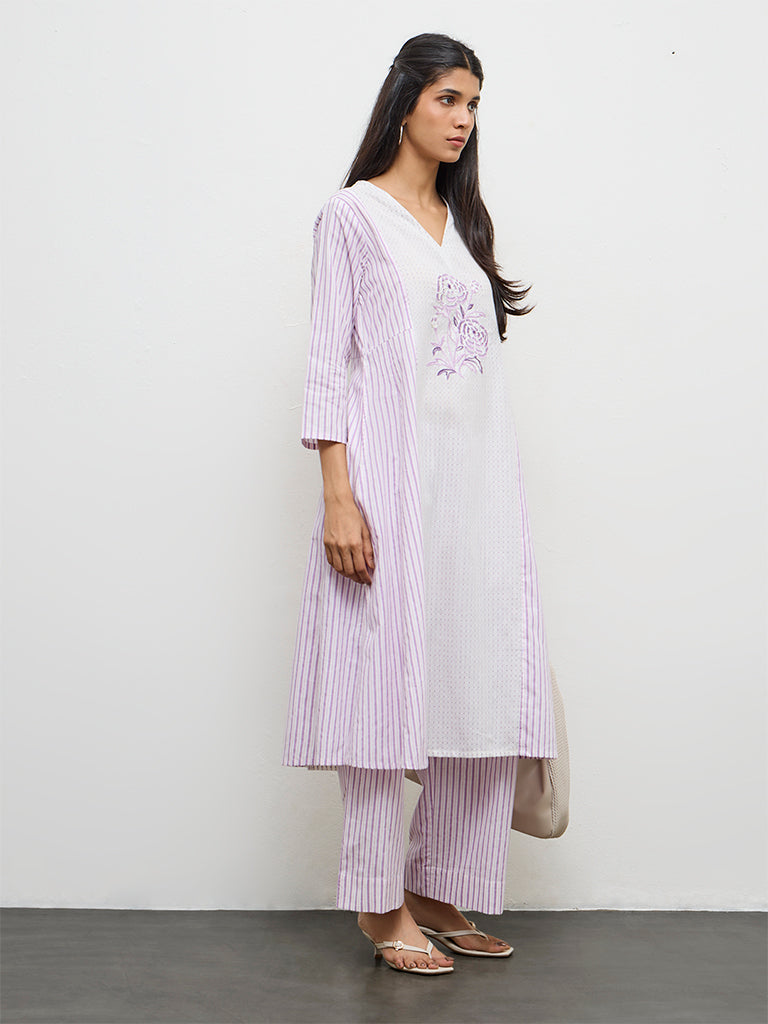 Utsa Lilac Striped Cotton A-Line Kurta