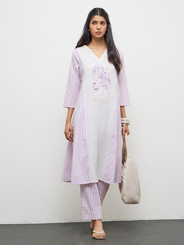 Utsa Lilac Striped Cotton A-Line Kurta