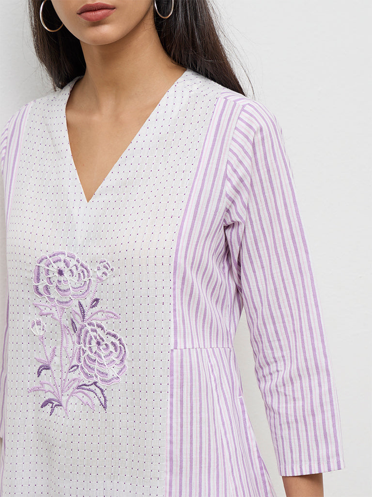 Utsa Lilac Striped Cotton A-Line Kurta