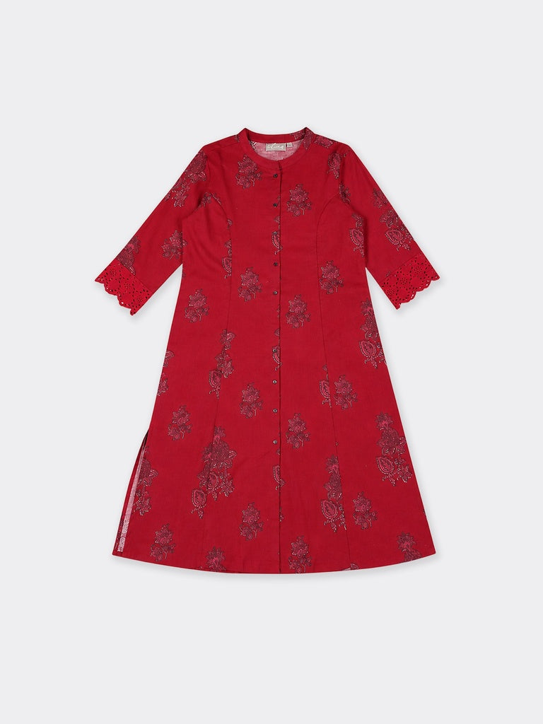 Utsa Pink Floral Printed Cotton-Blend A-Line Kurta