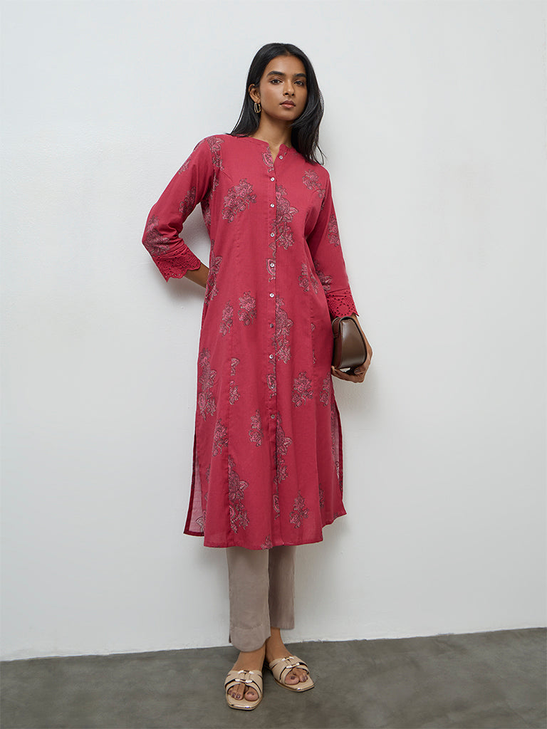 Utsa Pink Floral Printed Cotton-Blend A-Line Kurta